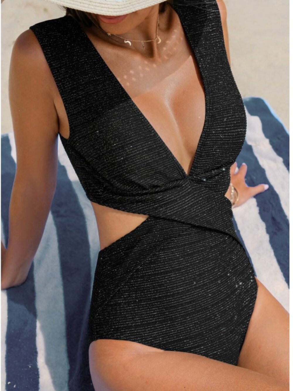 Cupshe Black Moonlit Plunging Monokini Modest Swimsuit Women's size M